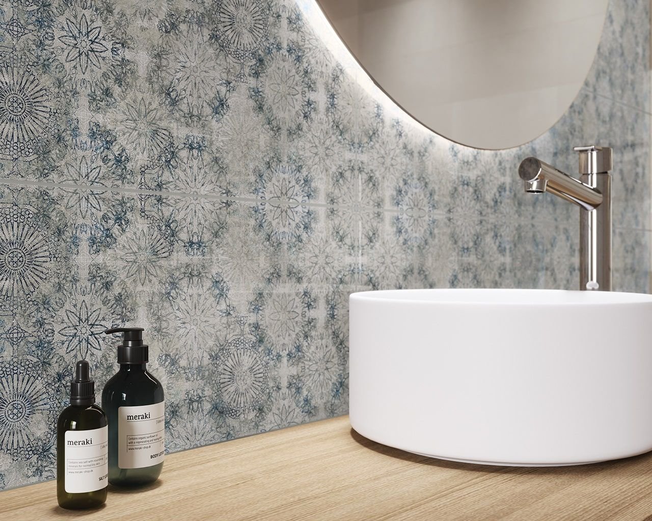 #Koupelna #Kuchyně #Moderní styl #Patchwork #bílá #modrá #šedá #Velký formát #Matný obklad #700 - 1000 Kč/m2